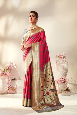 Pink woven silk saree with blouse 1