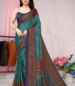 Teal Printed Chiffon Saree With Blouse