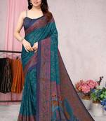 Turquoise Printed Chiffon Saree With Blouse