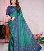 Teal printed chiffon saree with blouse