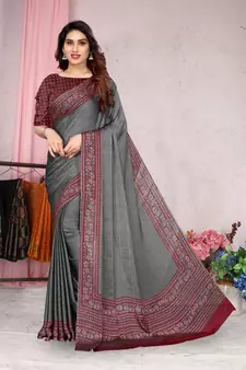 Grey printed chiffon saree with blouse
