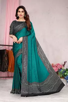 Teal printed chiffon saree with blouse