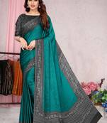 Teal printed chiffon saree with blouse