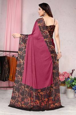 Pink Plain Chiffon Saree With Blouse 4