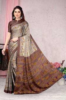 Beige Printed Chiffon Saree With Blouse