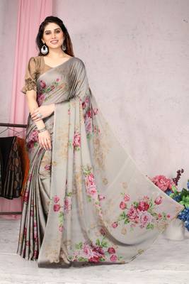Beige Printed Chiffon Saree With Blouse 1