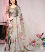 Beige Printed Chiffon Saree With Blouse