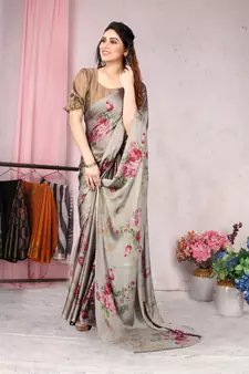 Beige Printed Chiffon Saree With Blouse