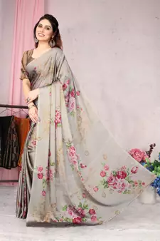 Beige Printed Chiffon Saree With Blouse
