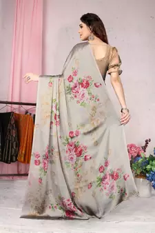 Beige Printed Chiffon Saree With Blouse
