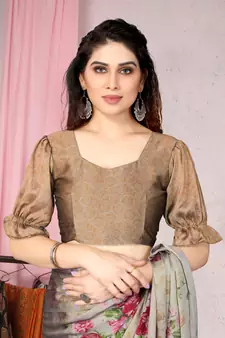 Beige Printed Chiffon Saree With Blouse