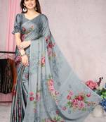 Grey printed chiffon saree with blouse