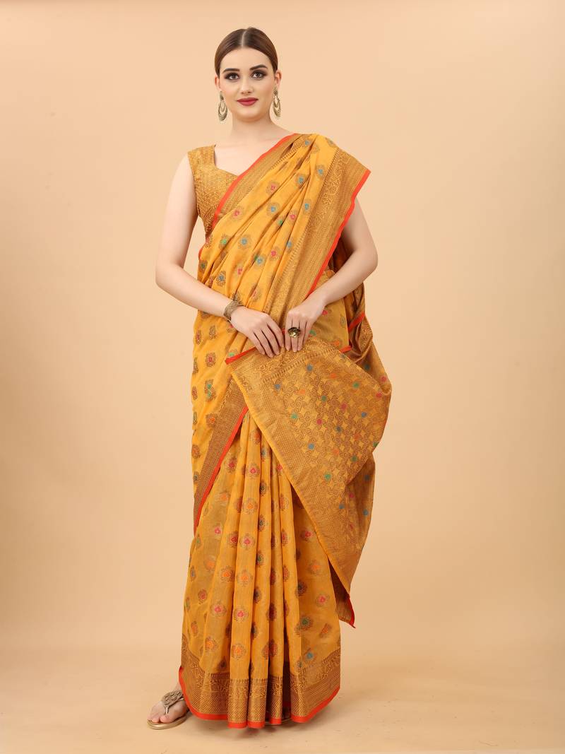 Women's Oraganza Kanchipuram Silk Blend Saree With Unstitched Boluse Piece