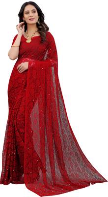 Red Self Design Bollywood Net Saree 2