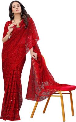 Red Self Design Bollywood Net Saree 3