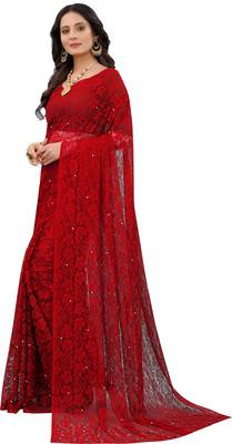 Red Self Design Bollywood Net Saree 4