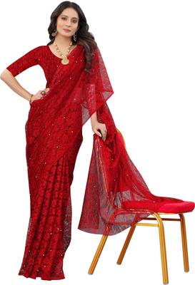 Red Self Design Bollywood Net Saree 5