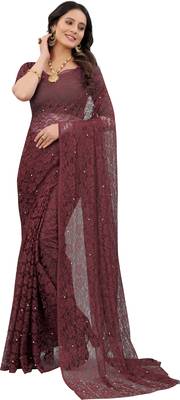 Brown  Self Design Bollywood Net Saree 1
