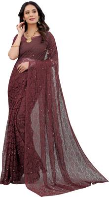 Brown  Self Design Bollywood Net Saree 3