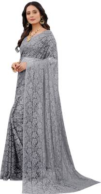 Grey Self Design Bollywood Net Saree 4
