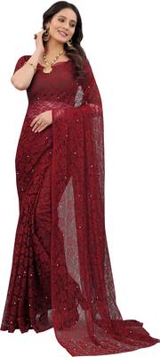 Maroon Self Design Bollywood Net Saree 1