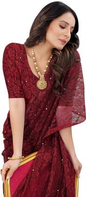 Maroon Self Design Bollywood Net Saree 3