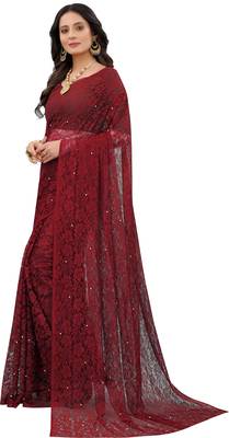 Maroon Self Design Bollywood Net Saree 4