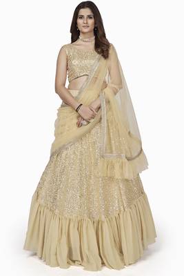 Cream embroidered georgette semi stitched lehenga 1