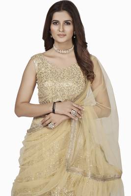 Cream embroidered georgette semi stitched lehenga 3