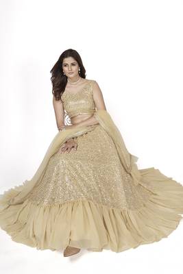 Cream embroidered georgette semi stitched lehenga 4