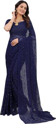 Navy Blue Self Design Bollywood Net Saree 1