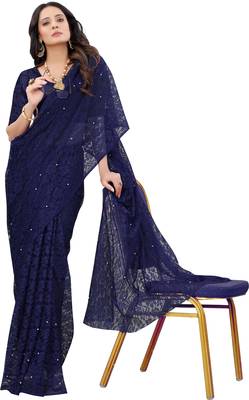 Navy Blue Self Design Bollywood Net Saree 3
