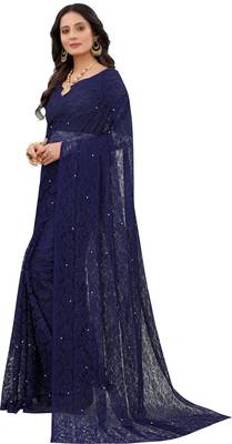 Navy Blue Self Design Bollywood Net Saree 4
