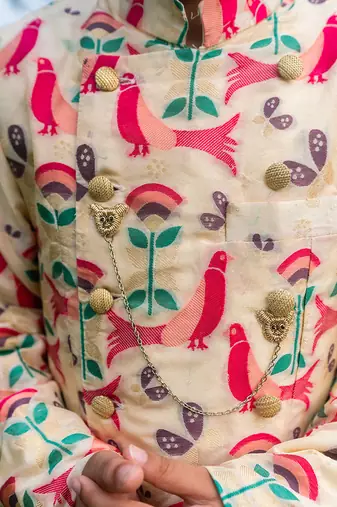 beige Brocade printed ROYAL BIRD BANDHGALA SET