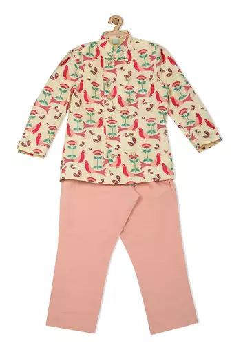 beige Brocade printed ROYAL BIRD BANDHGALA SET