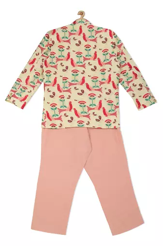 beige Brocade printed ROYAL BIRD BANDHGALA SET