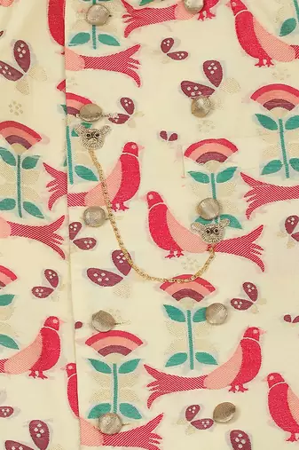 beige Brocade printed ROYAL BIRD BANDHGALA SET