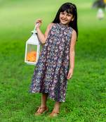 Blue Brocade printed SQUIRREL AND BUNNY SASH DRESS