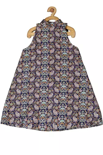 Blue Brocade printed SQUIRREL AND BUNNY SASH DRESS
