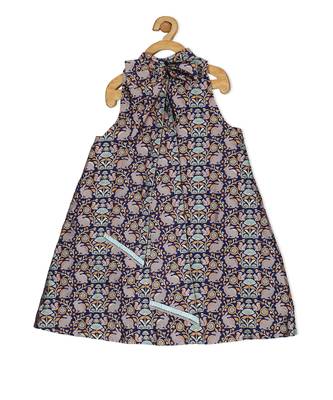 Blue Brocade printed SQUIRREL AND BUNNY SASH DRESS 3