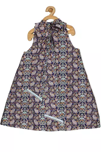 Blue Brocade printed SQUIRREL AND BUNNY SASH DRESS