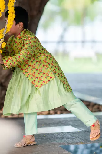 Green Brocade printed THE MACAW KING KURTA SET