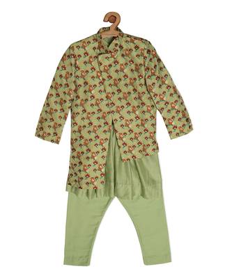 Green Brocade printed THE MACAW KING KURTA SET 3