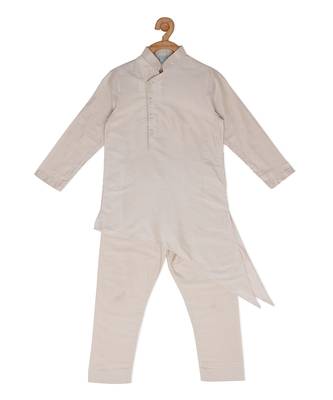 Beige cotton silk plain IVORY KURTA & PYJAMA SET 1