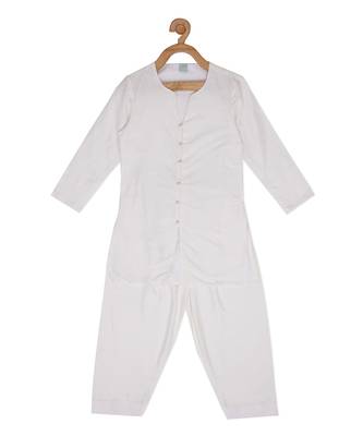 White cotton silk plain PEARL KURTA & PYJAMA SET 1