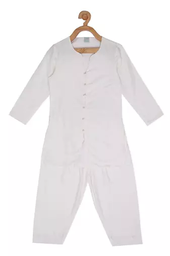 White cotton silk plain PEARL KURTA & PYJAMA SET
