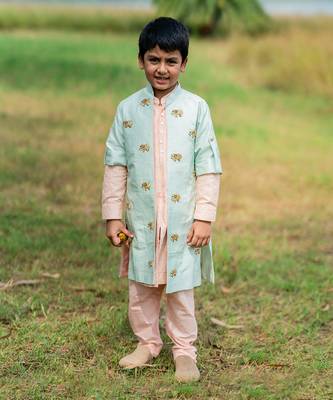 Green Tussar embroidered ELEPHANT JUNGLE JACKET 1