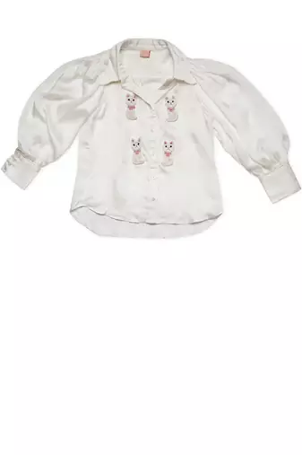 white Silk embroidered CAT MEOW SHIRT