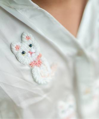 white Silk embroidered CAT MEOW SHIRT 3