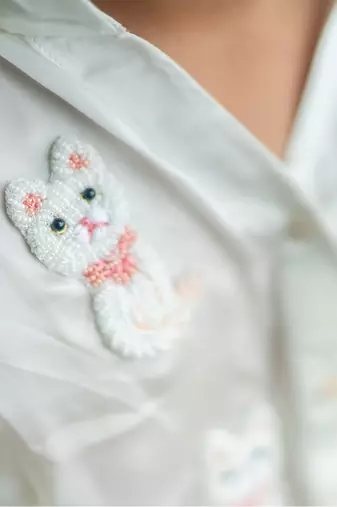 white Silk embroidered CAT MEOW SHIRT